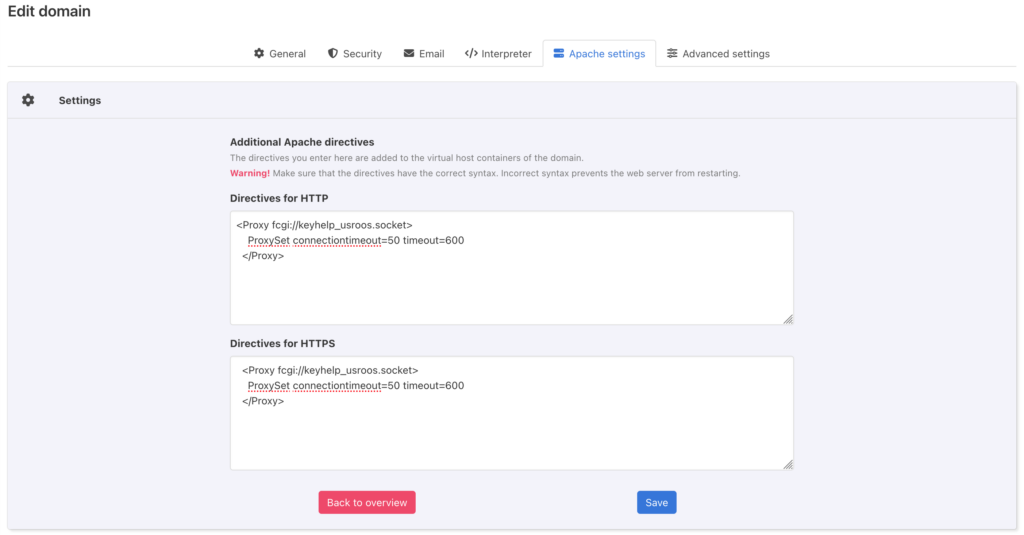 <Proxy fcgi://keyhelp_usroos.socket> ProxySet connectiontimeout=50 timeout=600 </Proxy>